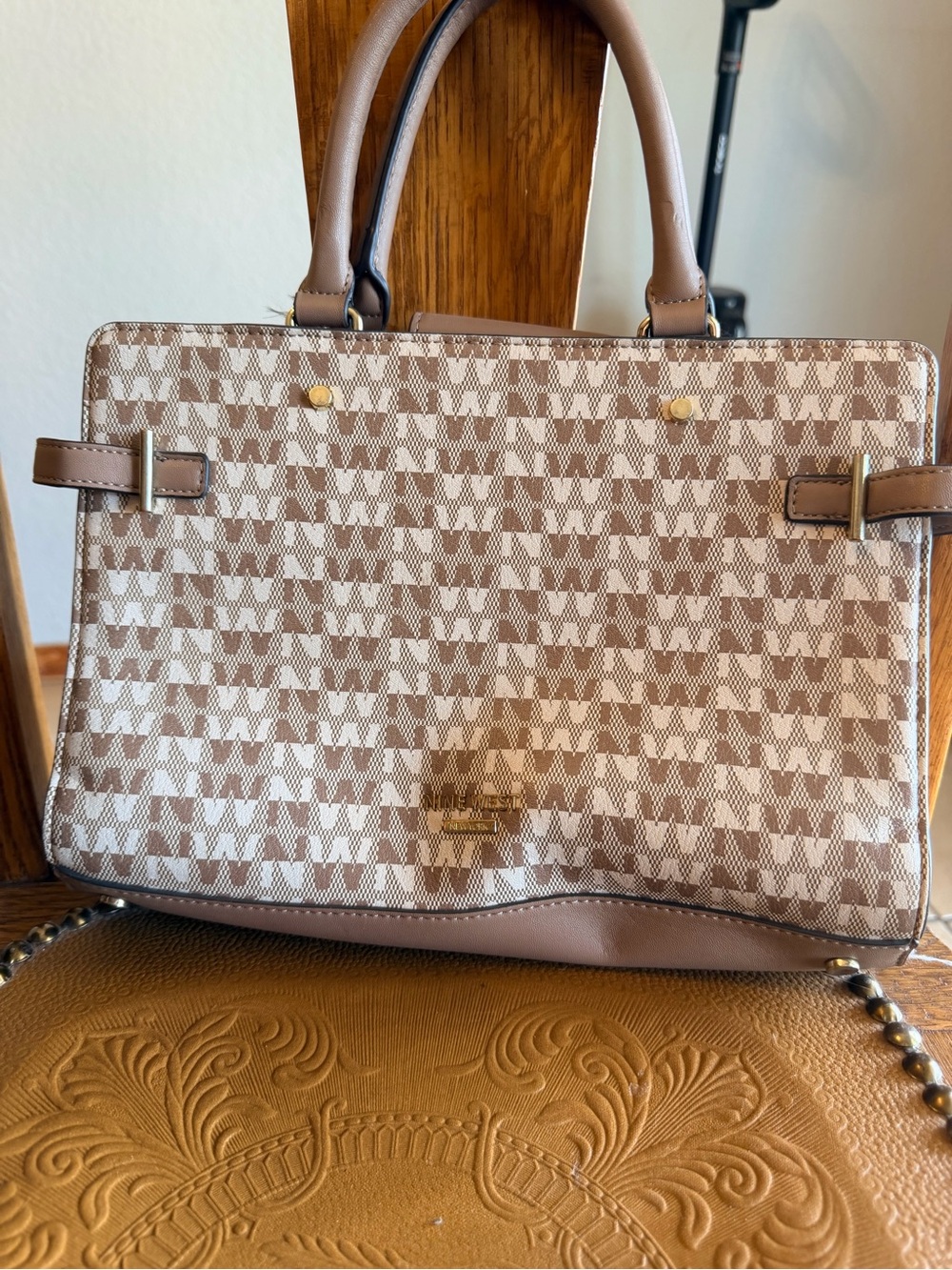 Nine West Taupe & Cream Patterned Tote Handbag